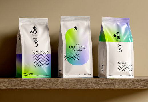 Coffee Packaging Bag Mockup Set on Wooden Shelf