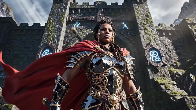 Confident Female Warrior at Ancient Castle - A powerful female warrior stands confidently before an ancient castle gate, wearing ornate armor and a flowing red cape.
