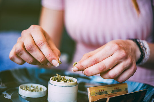 Woman preparing a cannabis joint with precision