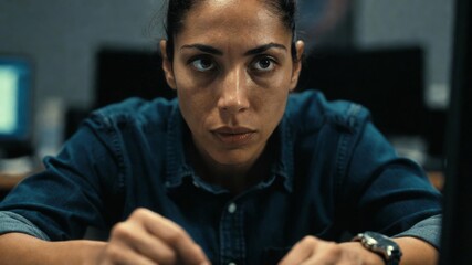 Obraz premium Intense focused woman working late at computer in dimly lit room