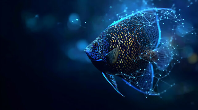 An artistic digital rendering of a fish with interconnected glowing dots and a dark blue background. The fish is intricate and striking in its aquatic setting.