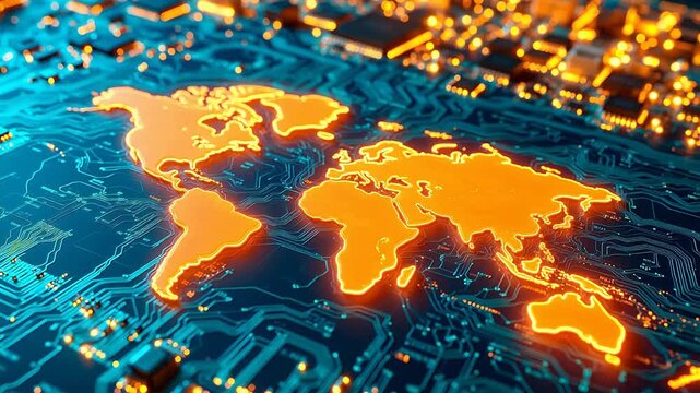 World map on glowing circuit board