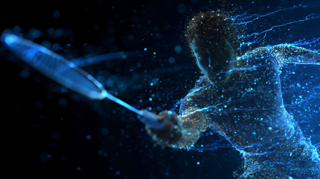 A dynamic digital depiction of a badminton player in action, wielding a racket and demonstrating movement
