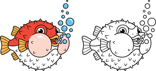 Cute Cartoon Puffer Fish Blowing Bubbles Illustration Spiky Marine Character © Mehrab