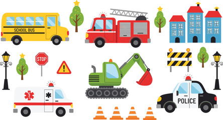 Cartoon city vehicle set including school bus fire truck ambulance police car and excavator with street elements isolated on white. © Atik