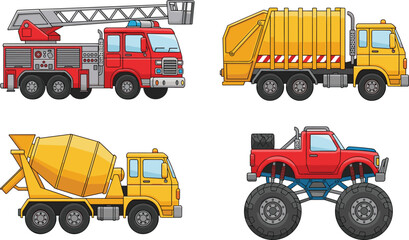 Cartoon heavy vehicle set including fire truck garbage truck cement mixer and monster truck vector illustration isolated on white background. © Atik