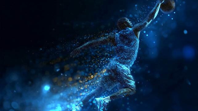 An artistic representation of a basketball player executing a dynamic dunk with the ball. The figure is composed of illuminated particles, giving the image a sense of motion