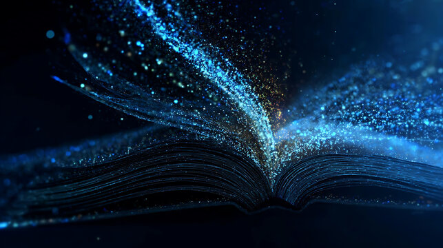 An open book with glowing particles emerging from its pages, suggesting the power of knowledge and imagination
