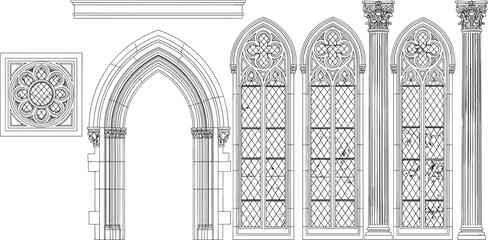 Naklejka premium Gothic architecture illustration set, pointed arch rose window tracery artwork, medieval cathedral design vector drawing, classical column contrast concept