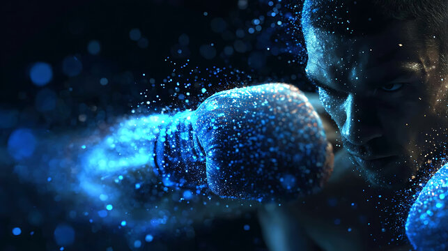 A dynamic image capturing a boxer during a powerful punch, surrounded by artistic particle effects. The boxer has a determined look and a glowing aura