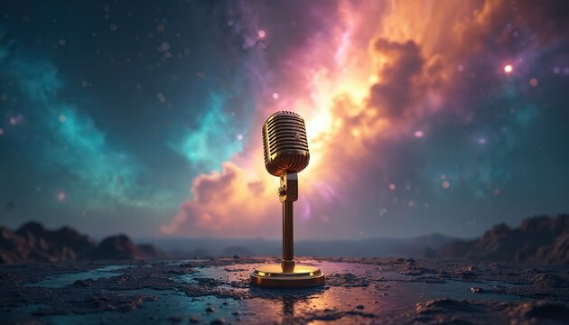 Golden retro microphone stands on alien planet surface. Colorful cosmic nebula and stars fill sky. Space broadcast, music, or podcast theme.