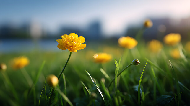 Close-up view of bright yellow buttercups, with a blurred backdrop of a city skyline