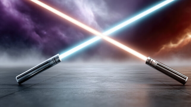 Futuristic light swords crossing, forming a powerful glowing energy clash, symbolizing an epic conflict, duality, and opposing forces creating a dynamic standoff