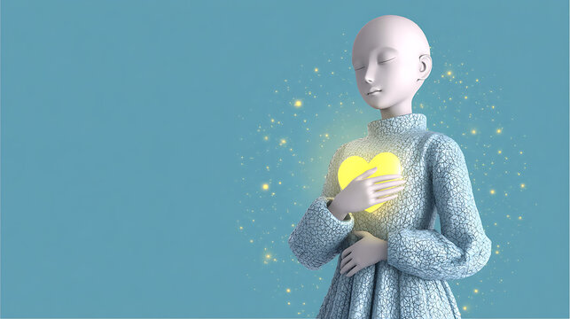 A serene person holding a glowing heart, expressing love and compassion
