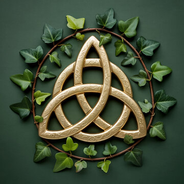 Golden Celtic Trinity Knot Symbol Surrounded by Green Ivy and Twigs celtic knot triquetra