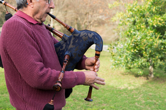 A close-up of an elderly man in a burgundy sweater playing a traditional bagpipe in a park, focusing on the wooden chanter and drone.