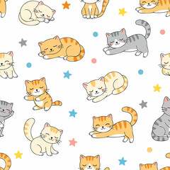 Fototapeta premium Cute cats sleeping and playing amidst colorful stars in a whimsical illustration