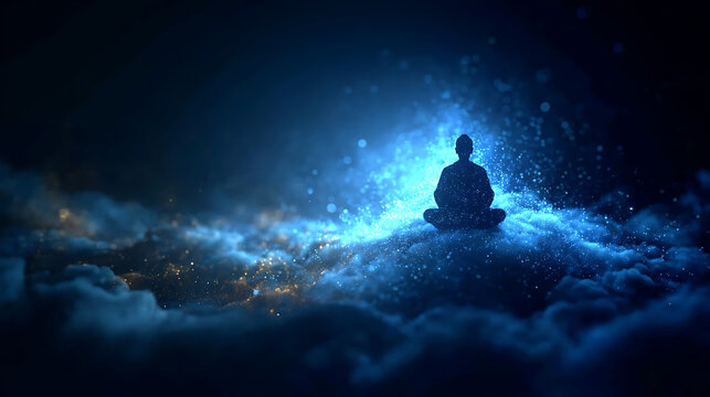 A person sitting in meditation and seeking enlightenment in a serene scene