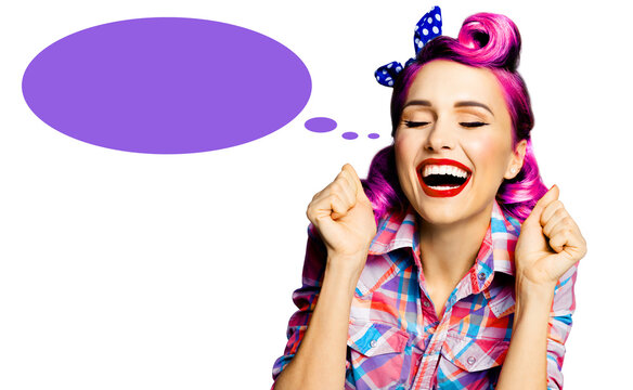 Expressive surprised happy woman. Astonished pinup girl open mouth, close eyes raise hands. Retro vintage concept. Isolated white background. Purple mockup empty speech bubble speechbubble, free space