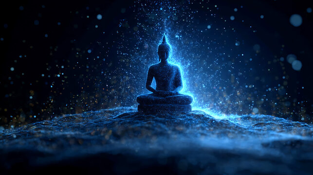 An illuminating, celestial illustration of Buddha in deep meditation, radiating serene vibes. The image showcases the core essence of tranquility and spiritual awakening