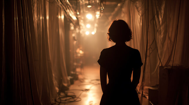 A silhouette of a woman walking through a dimly lit theater backstage