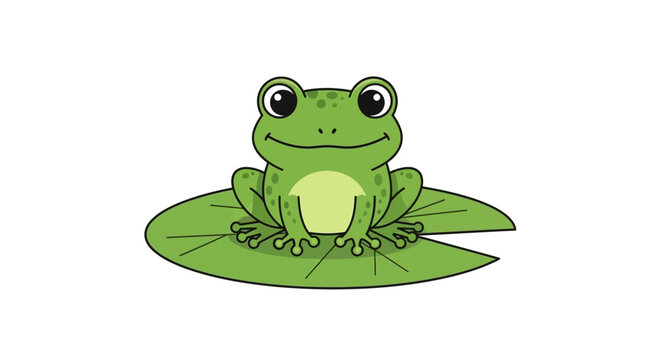 Green Frog Sitting on Leafy Pad.