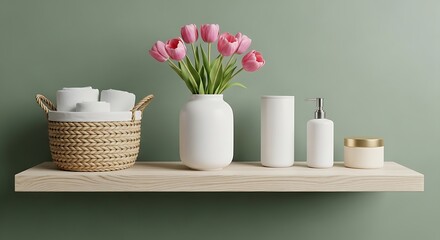 Fototapeta premium Bathroom shelf with wicker basket toilet paper rolls pink tulips vase white accessories