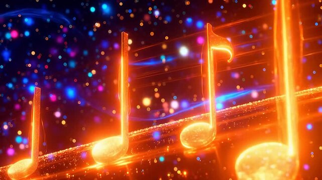 Glowing musical notes on colorful background