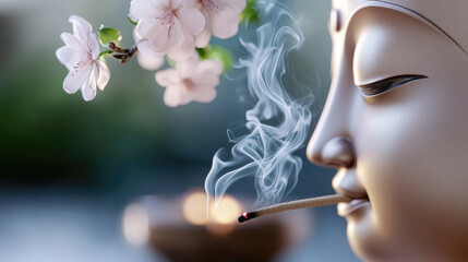 Fototapeta premium Buddha statue displaying inner peace and calm, meditating with an incense stick burning and smoke rising, delicate flowers completing the serene spiritual scene