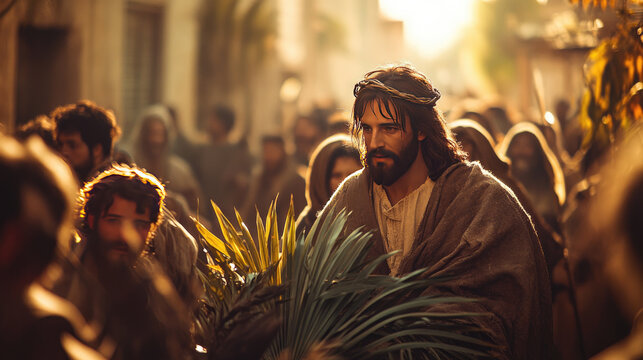 Jesus entering Jerusalem on a donkey, a crowd cheering with palm fronds, celebrating his triumphal entry, marking the solemn biblical event of Palm Sunday, faith and devotion. Palm Sunday ,