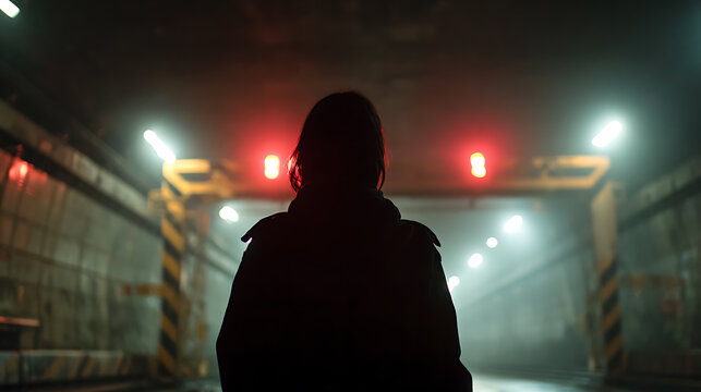 Silhouette of a figure in a dimly lit industrial tunnel with red lights above. The person's form is set against a backdrop of the tunnel's architecture, creating a sense of mystery and depth. 