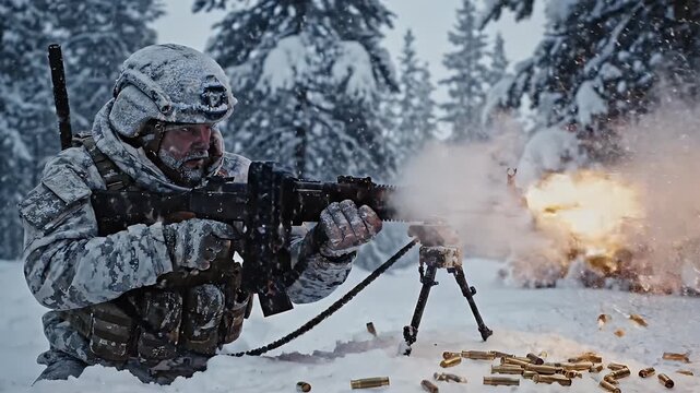 Soldier firing machine gun in snowy winter forest - A soldier dressed in winter camouflage is kneeling and firing a machine gun in a snowy forest environment.