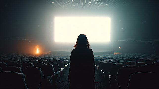 A silhouette of person walking towards a glowing screen in a cinema, creating a sense of anticipation