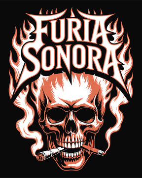 Skull with cigars and flames text Furia Sonora human skull smoking
