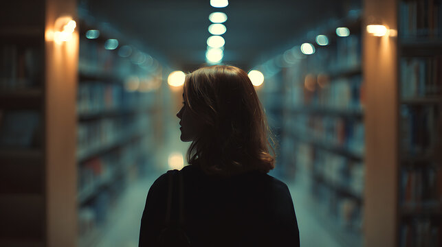 A silhouette of a person walking through a library. The person is walking towards the light with bookshelves on either side. 