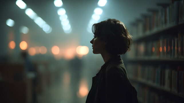 A solitary person contemplating amidst a library's tranquility and fog