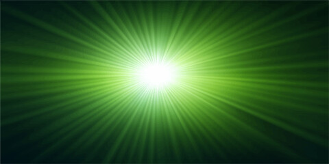 Fototapeta premium Abstract green light burst background with bright glowing sun rays and radiant energy design