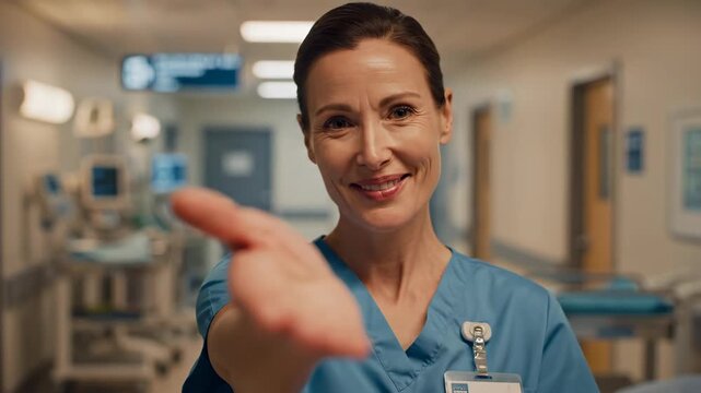 Nurse offering hand for comfort in hospital corridor. Woman in scrubs extending support and empathy. Healthcare professional showing caring gesture to patient.