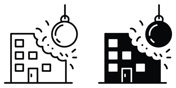 Black and white line graphic of a wrecking ball in action, smashing building structures, scalable vector illustration