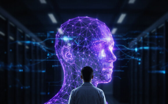 Human interacting with digital AI in a data center