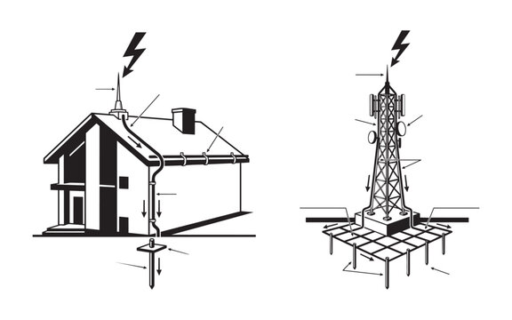 Lightning rod house tower protection lightning strike protection vector illustration