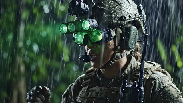 Soldier Wearing Night Vision Goggles in Rain - A soldier wearing a tactical helmet and night vision goggles is speaking on a radio, amidst heavy rainfall.