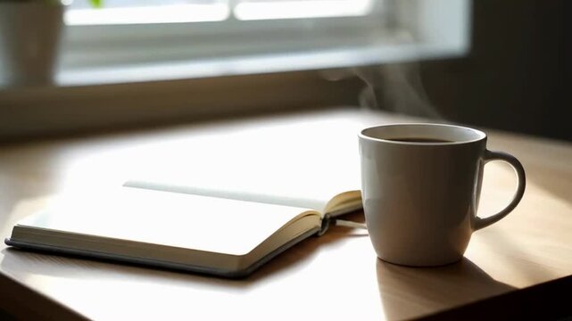 Steam rises from coffee mug next to open journal bathed in soft morning light near window, peaceful moment
