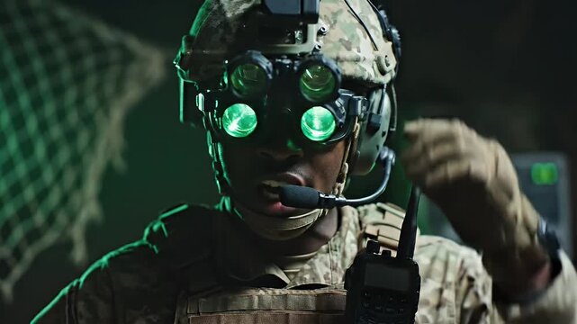 Soldier Communicating with Night Vision Goggles - A soldier wearing a tactical helmet and night vision goggles speaks into a radio. The goggles glow with a green hue.