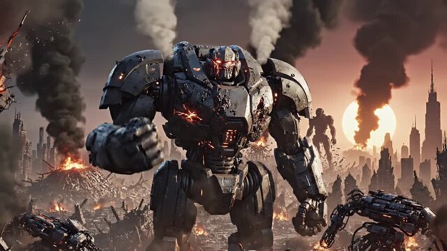 Armored Robot Victorious in Post-Apocalyptic City - A heavily armored robot stands victorious amidst the ruins of a city, with smoke rising in the background after an AI war apocalypse.