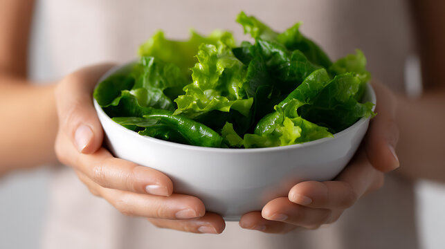 A person holding a bowl of fresh, green lettuce. It's a close-up shot emphasizing the vibrant colors and freshness of the greens. The food looks inviting and healthy.