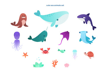 Cute sea animals vector set with whale, orca, narwhal, octopus, stingray, hammerhead shark, turtle, crab, jellyfish and starfish. © Katy Kai Art