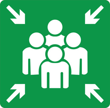 Emergency assembly point sign icon with group of people and arrows, green safety symbol vector
