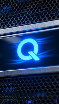 Vertical video: Powering up glossy panel showing pulsing blue Q logo at grille indicating status