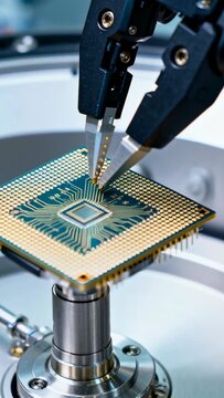 Vertical video: Test starting probes descending onto chip at chuck, contacting gold pads for test